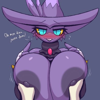 nintendo, pokemon, generation 4 pokemon, mismagius, naomi (r-mk), pokemon (species), r-mk, areola, big areola, big breasts, big nipples, blush, breast grab, breast groping, breast out