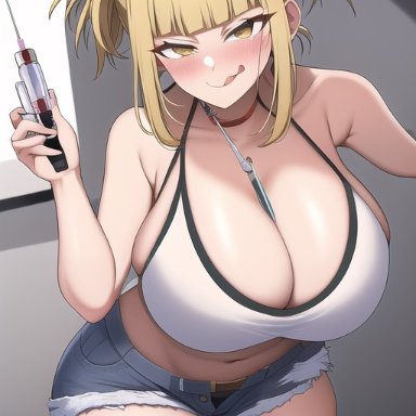 my hero academia, himiko toga, nai diffusion, stable diffusion, 1girls, big breasts, bikini, black bikini, blonde hair, blunt bangs, blush, breasts, collarbone, crazy eyes, curvy