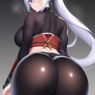fate/grand order, fate (series), tomoe gozen (fate), nai diffusion, stable diffusion, 1girls, ass, bodysuit, breasts, female, from behind, hairbow, huge ass, large breasts, leaning