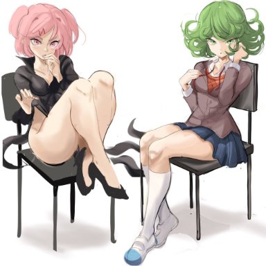 ddlc, doki doki literature club, one-punch man, tatsumaki, tatsumaki (cosplay), rakeemspoon, 2girls, black socks, green eyes, green hair, knee socks, kneehighs, kneesocks, looking at viewer, outfit swap