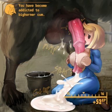 fallout, vault dweller, vault girl, vault meat, zoquete, areolae, between breasts, blonde hair, breasts, cock worship, cum, ejaculation, excessive cum, huge penis, nipples