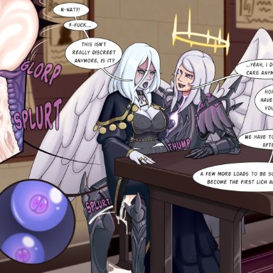 dungeons and dragons, mora moonstone, natalie arc, nicoffee, 1futa, 1girls, ahe gao, armor, big breasts, big penis, blue eyes, blue skin, breasts, clothed, clothing