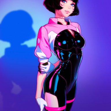 cd projekt red, cyberpunk: edgerunners, cyberpunk 2077, netflix, studio trigger, sasha (edgerunners), ilya kuvshinov, 1girls, big ass, clothing, cybernetics, female, female only, latex, latex suit