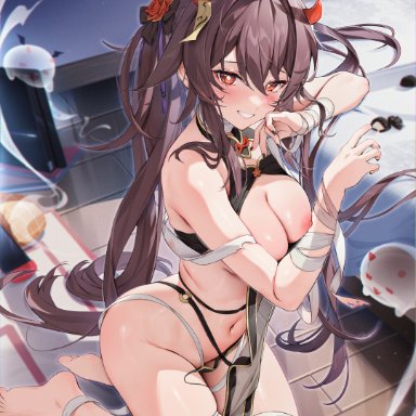 genshin impact, halloween, hu tao (genshin impact), houkiboshi (mmjw7432), 1girls, alternate breast size, areolae, ass, bandages, bare feet, barefoot, breasts, brown eyes, brown hair, erect nipples