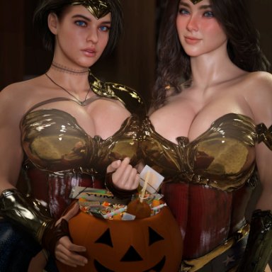dc, dc comics, resident evil, resident evil 3 remake, wonder woman (series), diana prince, jill valentine, jill valentine (sasha zotova), wonder woman, wonder woman (cosplay), rude frog, 2girls, big breasts, blue eyes, breasts