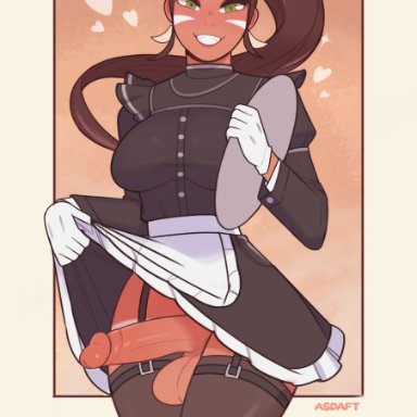 league of legends, french maid nidalee, nidalee, asdaft, 1futa, balls, before sex, big breasts, big penis, black socks, bottomless, breasts, brown hair, clothed, clothing