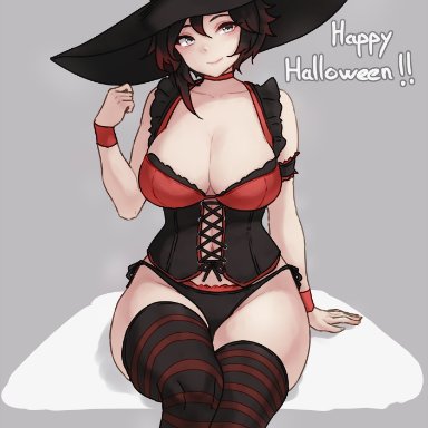 halloween, rwby, ruby rose, bluefield, 1girls, breasts, female, hat, hips, large breasts, large hat, light-skinned female, light skin, looking at viewer, red hair