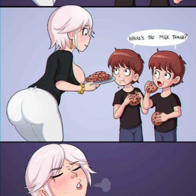 shadman, 2boys, big breasts, breasts, brown hair, cookies, milf, milk, mother and son, sucking breasts, sucking nipples, white hair