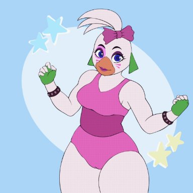 five nights at freddy's, scottgames, glamrock chica (fnaf), jokku, abs, anthro, avian, balls, beak, big breasts, big muscles, big penis, bird, breast expansion, breasts