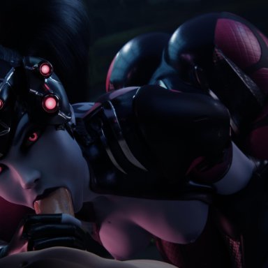 blizzard entertainment, overwatch, widowmaker, cheerax, 1boy, 1girls, blue body, blue skin, bodysuit, breasts out, clothed, clothed female nude male, clothing, depth of field, fellatio