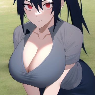 naruto, naruto (series), naruto shippuden, sasuke uchiha, sasuko, fuzen kazura, nai diffusion, stable diffusion, 1girls, adapted costume, alternate costume, alternate hairstyle, big breasts, black hair, breasts