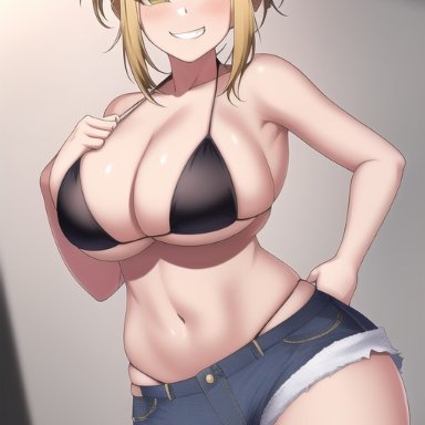 my hero academia, himiko toga, nai diffusion, stable diffusion, 1girls, big breasts, bikini, black bikini, blonde hair, blunt bangs, blush, breasts, collarbone, crazy eyes, curvy