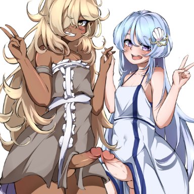 original character, bigpain, 2boys, balls, blonde hair, crossdressing, dark-skinned male, dark skin, duo, eye contact, femboy, hand holding, light-skinned male, light skin, long hair