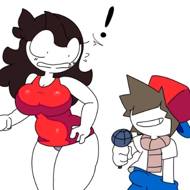 friday night funkin, jaiden animations, youtube, boyfriend (friday night funkin), girlfriend (friday night funkin), jaiden, scarf boy, tectec, boner in pants, cosplay, female, scarf, surprised, tight dress