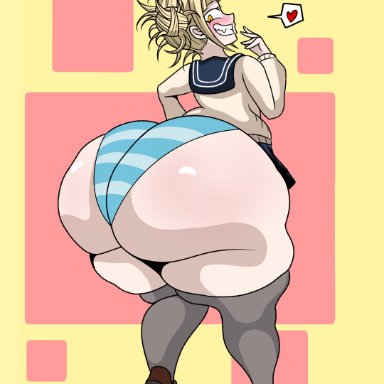 my hero academia, himiko toga, classychicken34, 1girls, ass expansion, blonde hair, blush, gigantic ass, heart, huge ass, huge thighs, hyper thighs, massive ass, shimapan, solo