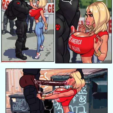 ashley (thepit), theofficialpit, 1boy, :&gt;=, angry dragon, antifa, areolae, ass, athletic, big breasts, big earrings, big lips, bimbo, blonde hair, blowjob