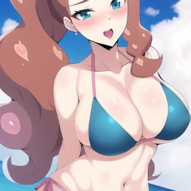 game freak, nintendo, pokemon, pokemon ss, sonia (pokemon), nai diffusion, stable diffusion, 1girls, alternate hairstyle, aqua eyes, beach, bikini, breasts, cleavage, female