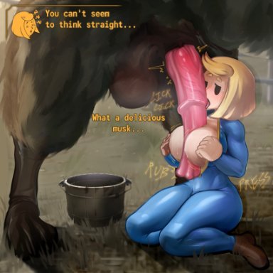 fallout, vault dweller, vault girl, vault meat, zoquete, areolae, blonde hair, breasts, cock worship, nipples, submissive, submissive female, titfuck, titjob, vault suit