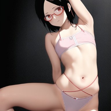 boruto: naruto next generations, naruto, naruto (series), sarada uchiha, nai diffusion, stable diffusion, xiumu bianzhou, 1girls, arm behind head, armpits, black hair, bra, eyewear, female, female only