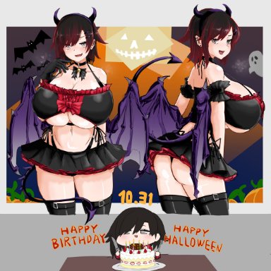 halloween, rwby, ruby rose, odakubara, black hair, devil girl, devil horns, devil tail, devil wings, gigantic breasts, gradient hair, huge breasts, large breasts, red hair, silver eyes