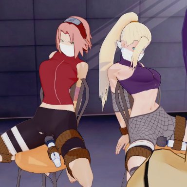 naruto, naruto (series), naruto shippuden, ino yamanaka, mitarashi anko, sakura haruno, shepirotcloud, 3girls, bangs, bdsm, bike shorts, black hair, blonde hair, blue eyes, bondage