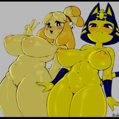 animal crossing, nintendo, ankha, isabelle (animal crossing), blushi 0, 2girls, animal ears, anthro, areolae, big breasts, blush, breasts, cat ears, cat tail, eye contact
