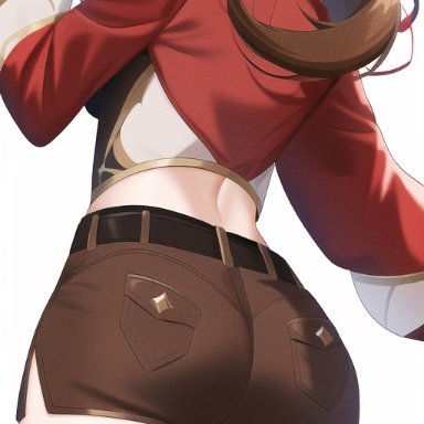 genshin impact, amber (genshin impact), nai diffusion, stable diffusion, ass, ass focus, blush, breasts, brown hair, denim, denim shorts, female, from behind, huge ass, long hair