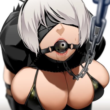 nier: automata, yorha 2b, bakkanki, 1girls, arms behind back, ball gag, black bra, black dress, blindfold, bondage, bra, breasts, chain leash, chains, collar