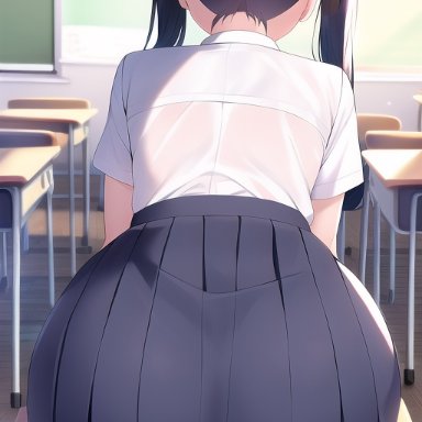 genshin impact, mona (genshin impact), nai diffusion, stable diffusion, 1girls, ass, ass focus, back, back view, classroom, female, from behind, fully clothed, on desk, pov