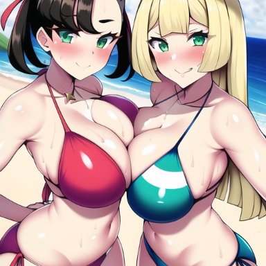 game freak, nintendo, pokemon, pokemon sm, pokemon ss, lillie (pokemon), marnie (pokemon), nai diffusion, stable diffusion, 2girls, alternate breast size, beach, bikini, black hair, blonde hair