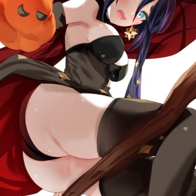 genshin impact, halloween, mona (genshin impact), uenoryoma, 1girls, alternate breast size, ass, blue eyes, blush, breasts, broom riding, broomstick, embarrassed, female, female only