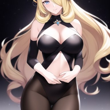 nintendo, pokemon, cynthia (pokemon), nai diffusion, stable diffusion, big breasts, black legwear, black leotard, blonde hair, blue eyes, blush, cintia (pok&#233;mon), cleavage, cleavage cutout, curvy