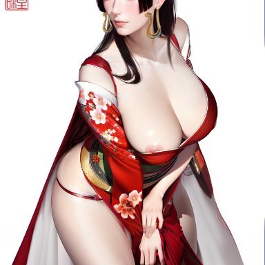 one piece, boa hancock, oppaissance, stable diffusion, 1girls, asian female, big breasts, black hair, bulging breasts, erect nipples, long hair, looking at viewer, nipple bulge, pink nipples, ai generated