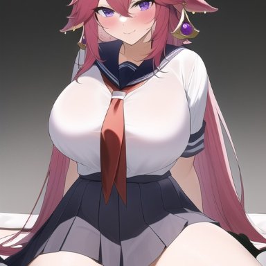 genshin impact, yae miko, nai diffusion, stable diffusion, 1girls, alternate costume, breasts, busty, clothing, large breasts, light-skinned female, light skin, looking at viewer, pink hair, purple eyes