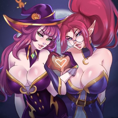 halloween, league of legends, tales from the rift series, bewitching janna, bewitching nami, janna windforce, nami (league of legends), mambolina, 2girls, big breasts, blush, clothed, clothing, female, female only