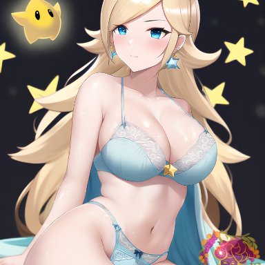 mario (series), nintendo, super mario galaxy, luma, princess rosalina, nai diffusion, stable diffusion, 1girls, big breasts, blonde hair, blue bra, blue eyes, blue panties, bra, busty