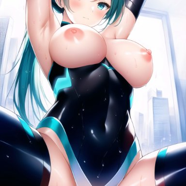 vocaloid, hatsune miku, nai diffusion, stable diffusion, syfgh, armpits, arms up, bodysuit, breasts, breasts out, clothing, covered navel, elbow gloves, female, gloves