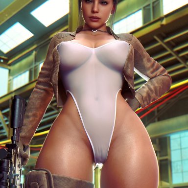 call of duty, mara (cod), milapone, big breasts, breasts, busty, cameltoe, female, female focus, female only, gun, hourglass figure, machine gun, onesie, pinup pose