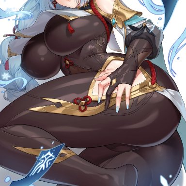 genshin impact, shenhe (genshin impact), weni, 1girls, ass, bangs, blue nails, braid, braided hair, breasts, bridal gauntlets, earrings, feet, female, female only