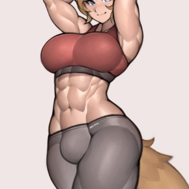 perrin (perrincatte), rd-rn, 1futa, abs, animal ears, arms behind head, big breasts, blonde hair, blue eyes, breasts, clothed, clothing, flaccid, freckles, fully clothed