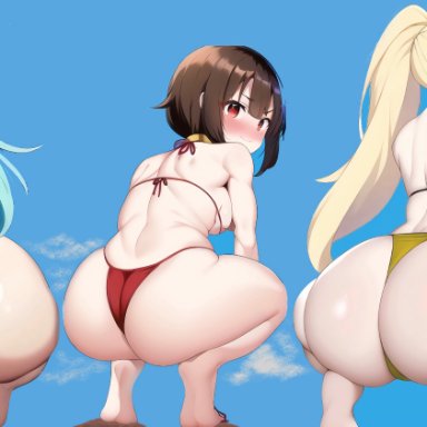 aqua (konosuba), darkness (konosuba), megumin, nai diffusion, stable diffusion, 3girls, artist lewdful, ass focus, back view, barefoot, beach, blonde hair, blue eyes, blue hair, blue sky