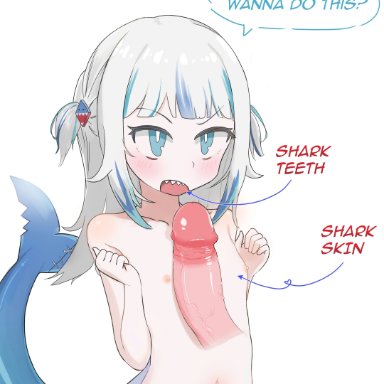 hololive, hololive english, gawr gura, 1hpman, arrow (symbol), disembodied penis, female, female focus, female pleasuring male, flat chest, naizuri, nude female, question mark, raised eyebrows, shark girl