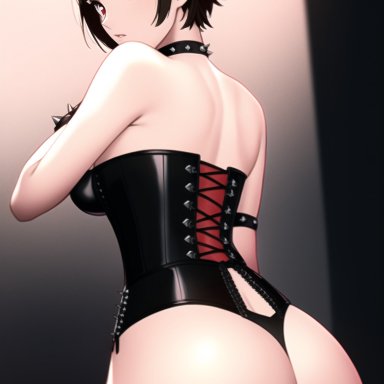 persona, persona 5, makoto niijima, nai diffusion, stable diffusion, 1girl, ass, bare shoulders, braid, brown hair, corset, female, medium hair, red eyes, solo