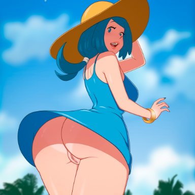 game freak, pokemon, pokemon sm, lana's mother (pokemon), sinfulline, 1girls, armwear, ass, big ass, big breasts, blue dress, blue eyes, blue hair, blue nail polish, blue nails