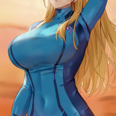 metroid, samus aran, amayo thranana, 1girls, arms up, belly, belly button, big breasts, blonde, blonde female, blonde hair, blue bodysuit, blush, blush lines, blushing