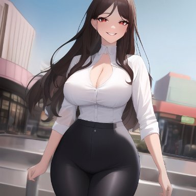 original, nai diffusion, stable diffusion, 1girls, big breasts, black legwear, blouse, breasts, brown hair, business woman, child bearing hips, cleavage, collar, eyelashes, eyeliner