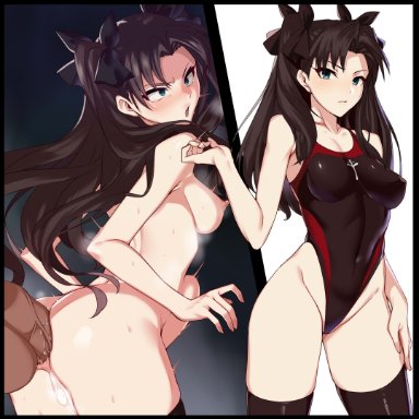 fate/stay night, fate (series), tohsaka rin, harunori oogami, 1boy, after vaginal, anal, anal sex, ass, ass grab, black hair, black one-piece swimsuit, black ribbon, black socks, black thighhighs