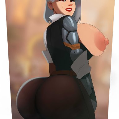 blizzard entertainment, overwatch, ashe (overwatch), postblue98, 1girls, areola, areolae, ass, beauty mark, big ass, big breasts, big butt, breasts, butt, clothed