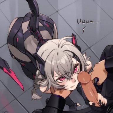 saruei (vtuber), optionaltypo, 1boy, 1girls, ass, black nails, braided hair, braided ponytail, clothed, clothing, female, hand on penis, light-skinned female, light-skinned male, light skin