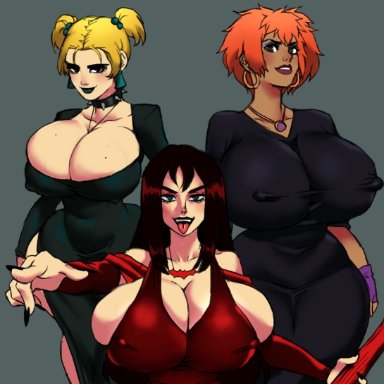 hex girls, scooby-doo, dusk (hex girls), luna (hex girls), thorn (hex girls), jay-marvel, 3girls, big breasts, black hair, blonde hair, breasts, busty, cleavage, fangs, fingernails